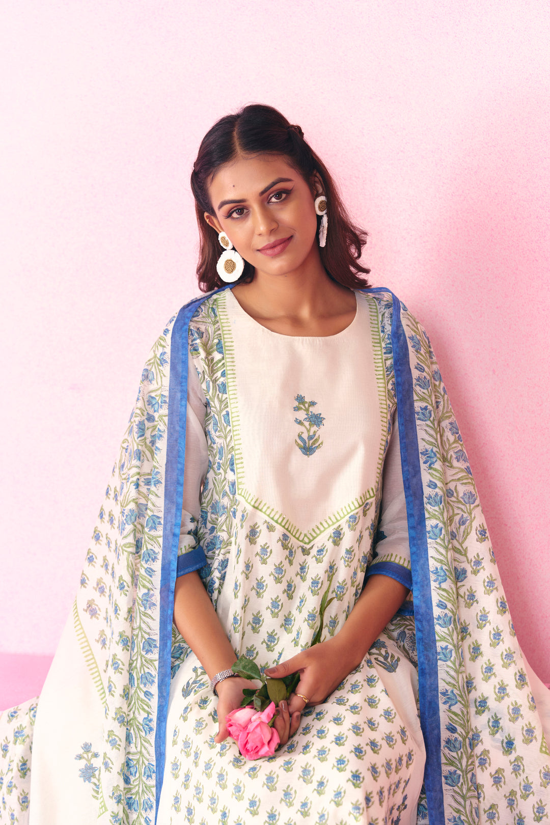 Floral Embroidered A-Line Chanderi Cotton Kurta & Trousers Sets