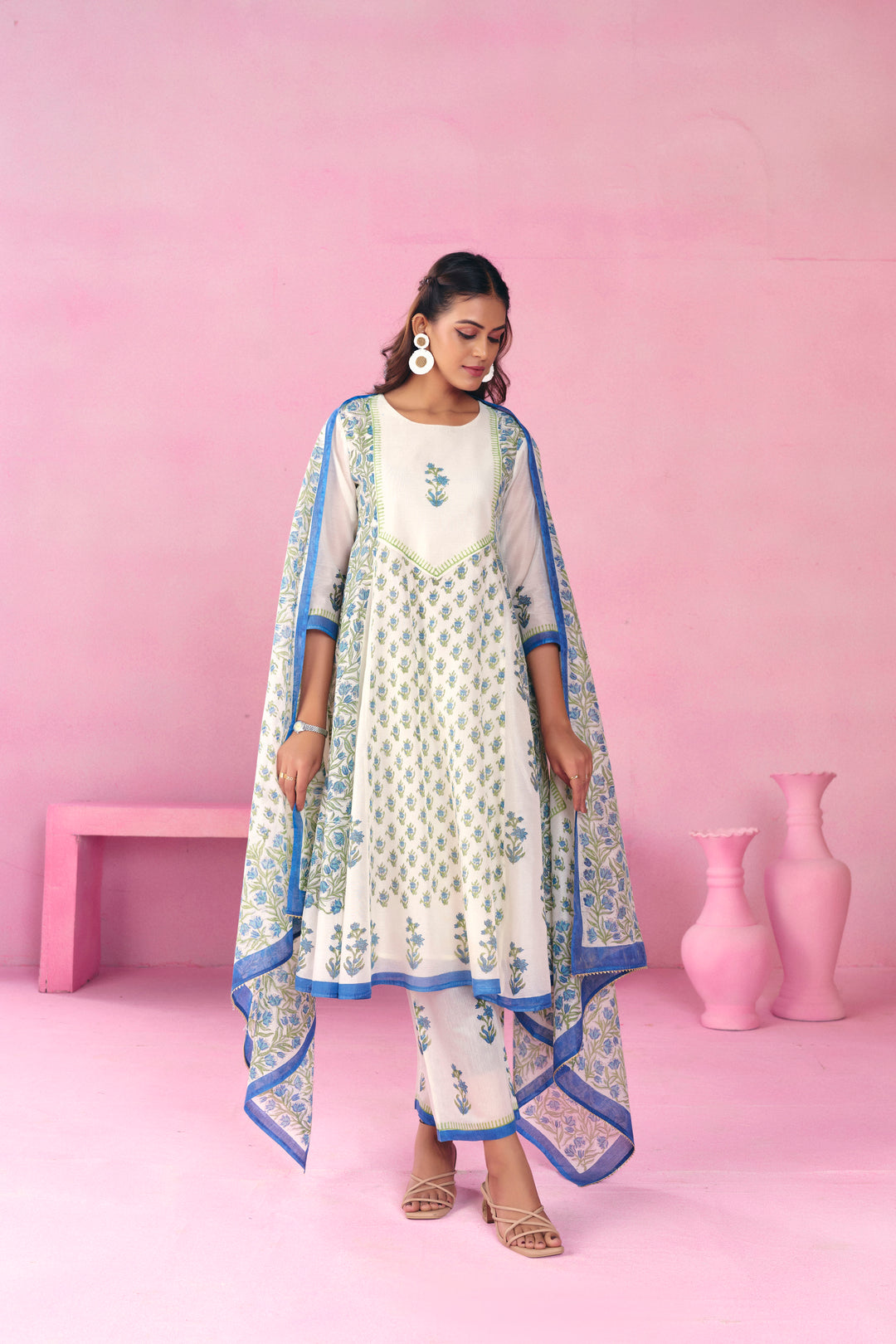 Floral Embroidered A-Line Chanderi Cotton Kurta & Trousers Sets
