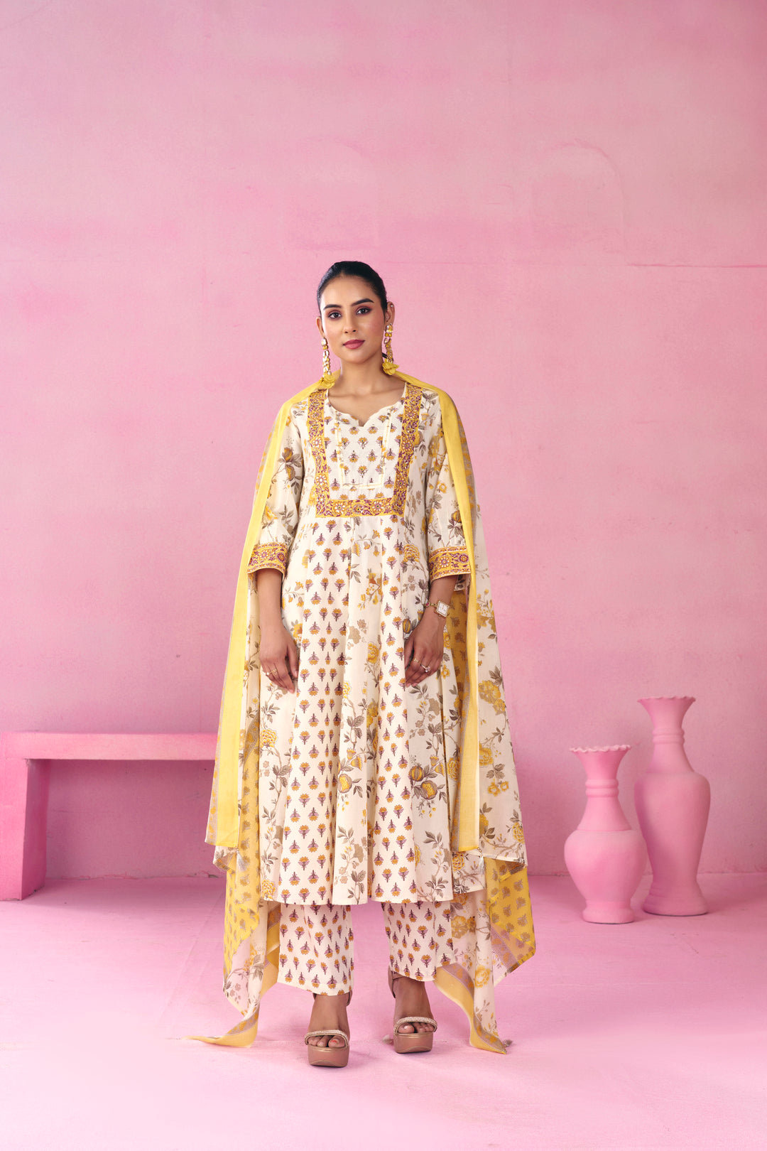 Floral Embroidered A-Line Pure Cotton Kurta & Trousers Sets