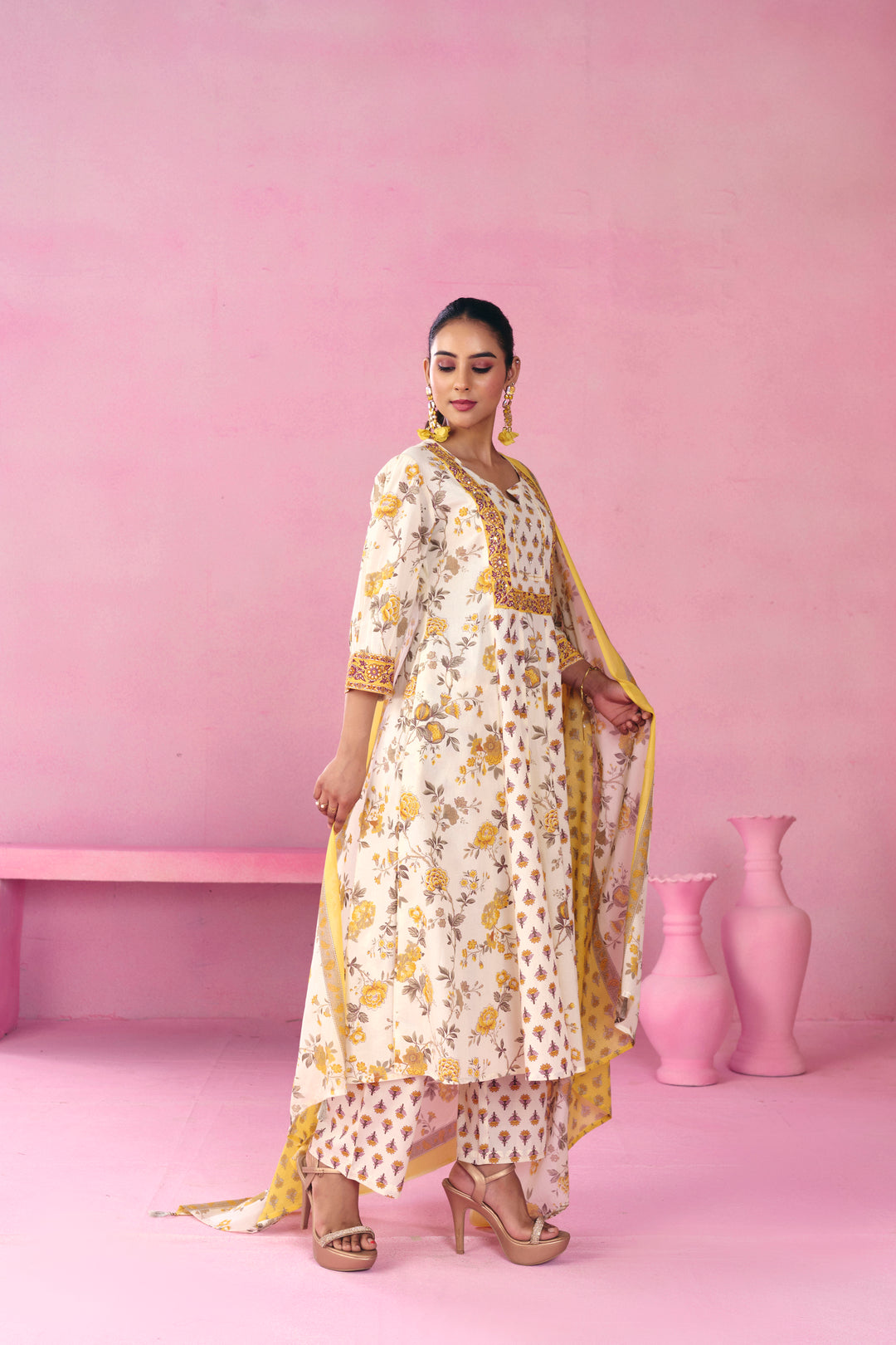 Floral Embroidered A-Line Pure Cotton Kurta & Trousers Sets