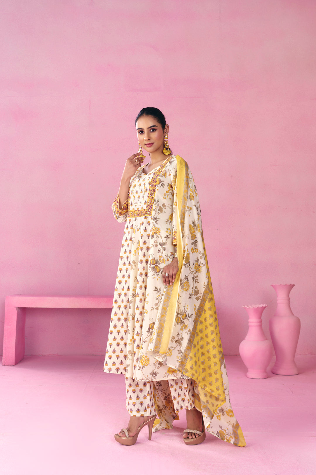 Floral Embroidered A-Line Pure Cotton Kurta & Trousers Sets