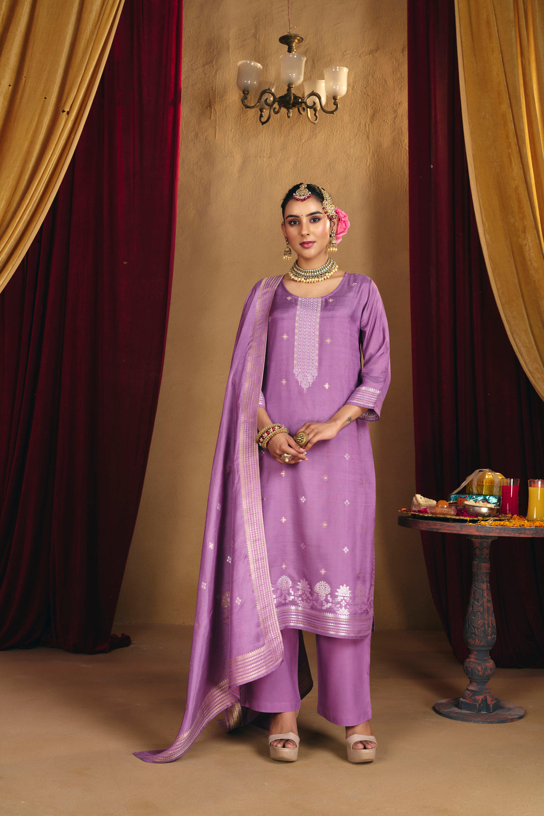 Floral Embroidered Straight Kurta & Trousers Sets