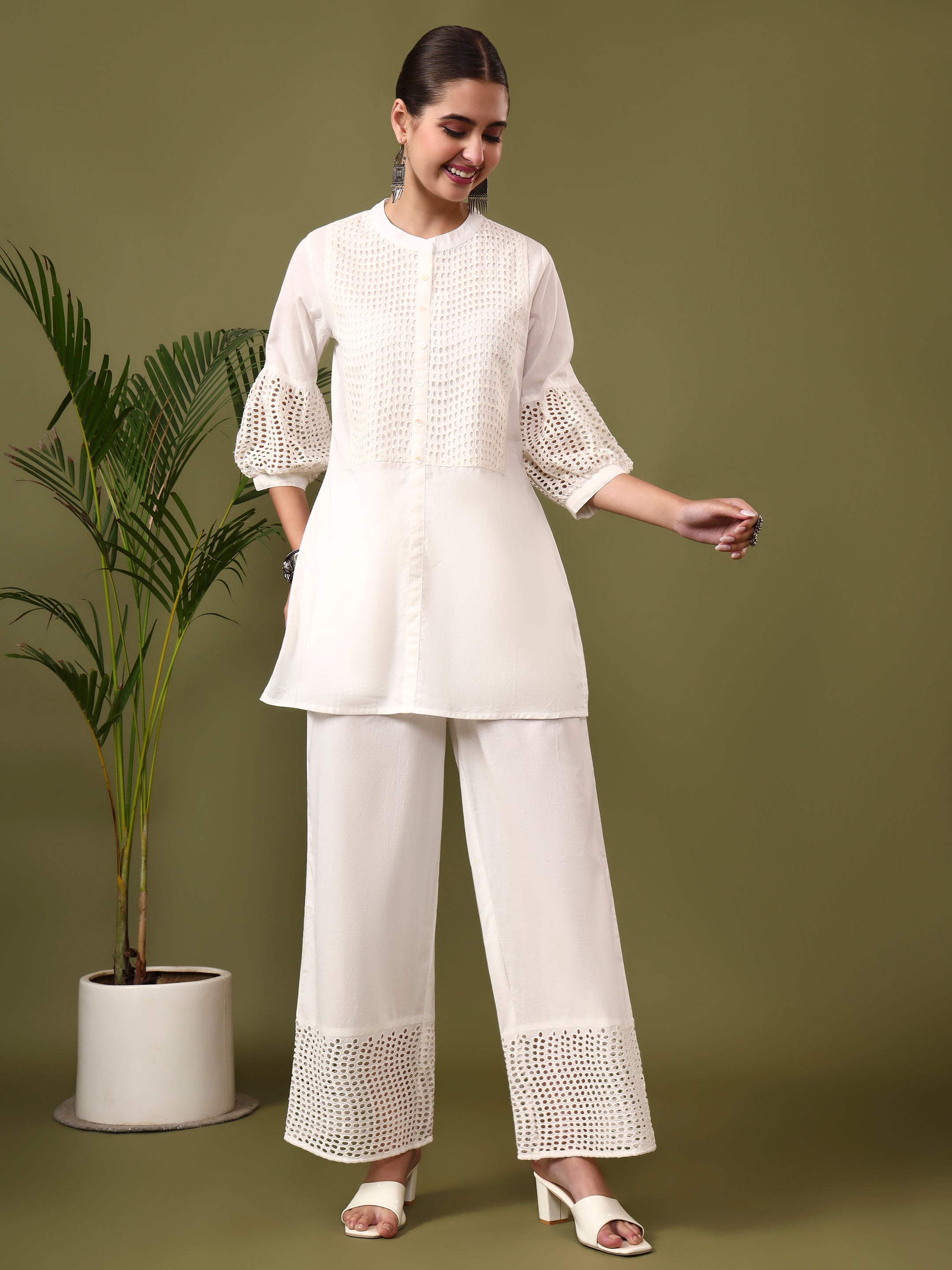 Solid Embroidered Straight Pure Cotton Kurta & Trousers Sets