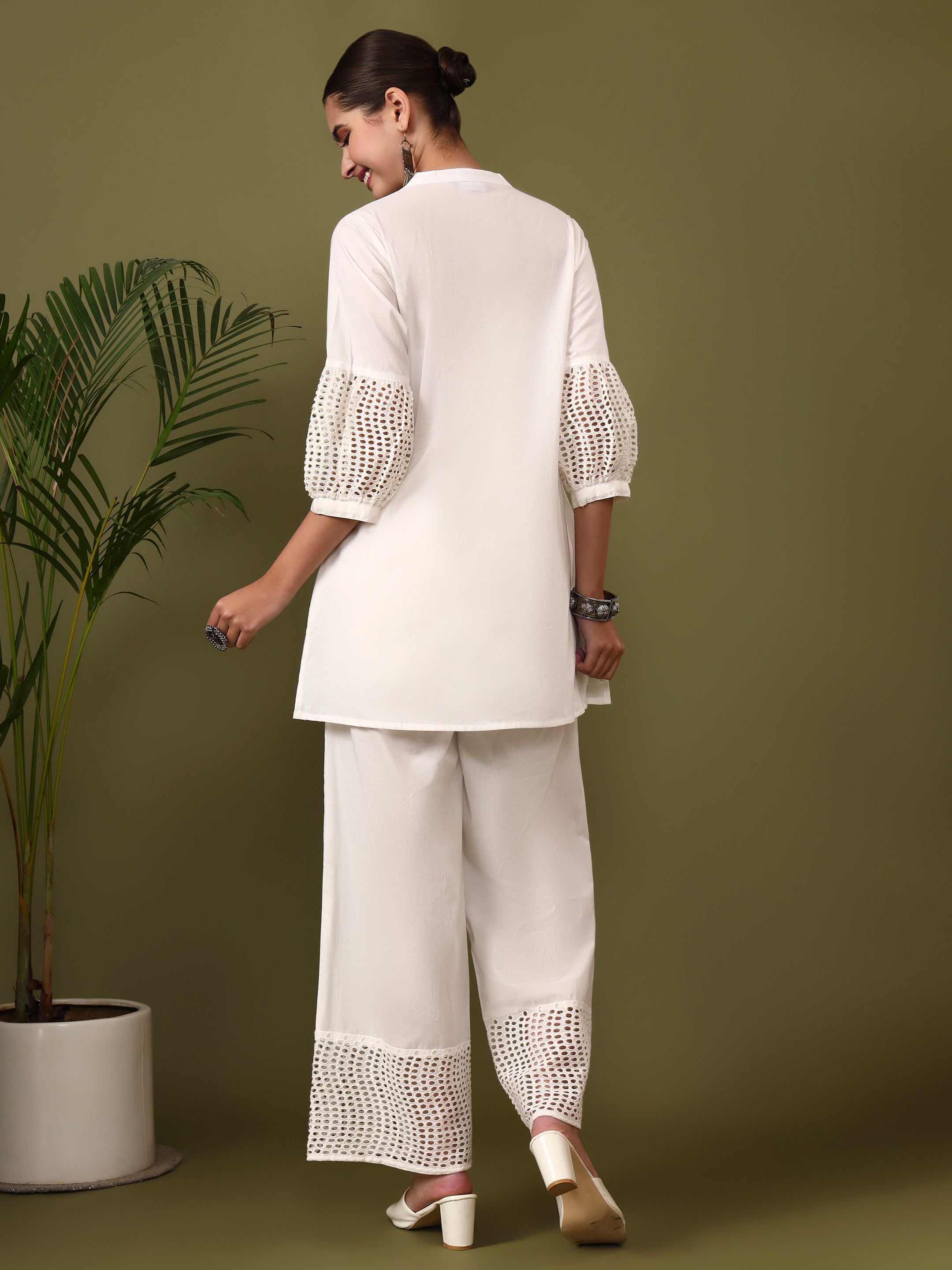 Solid Embroidered Straight Pure Cotton Kurta & Trousers Sets