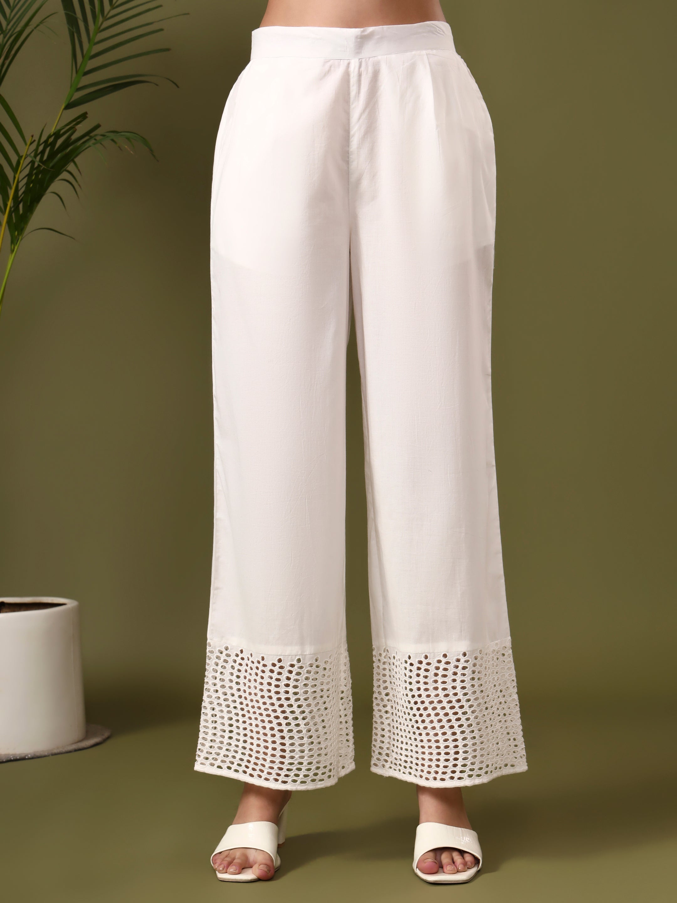 Solid Embroidered Straight Pure Cotton Kurta & Trousers Sets
