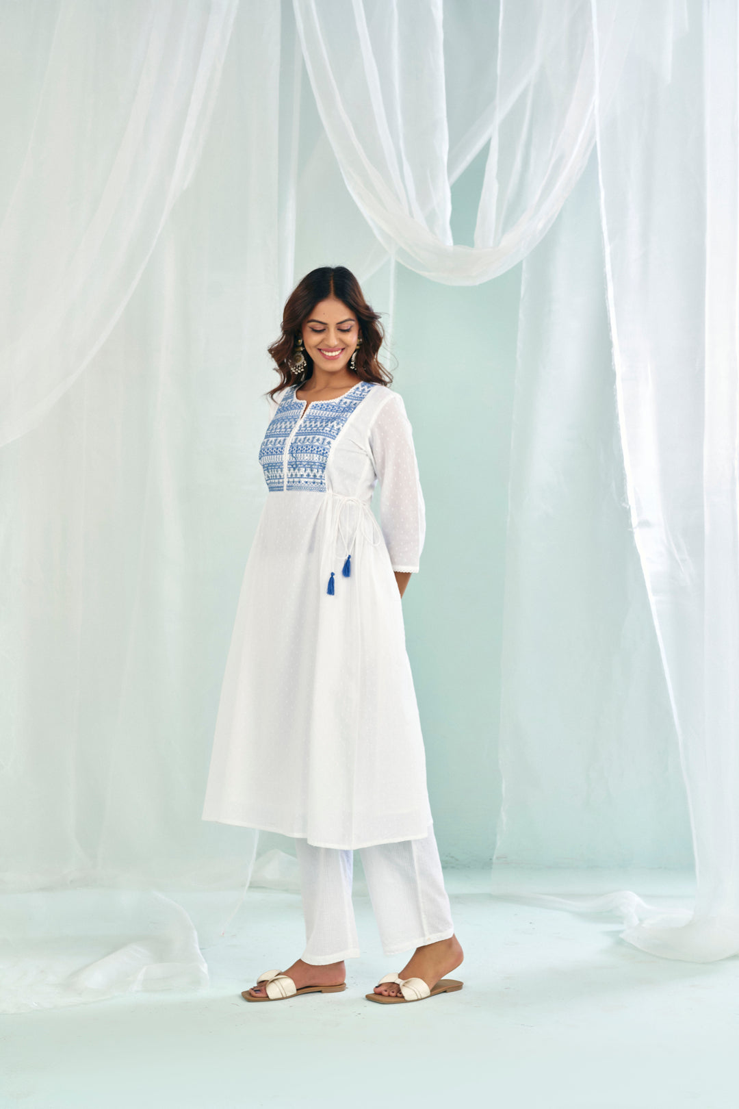 Floral Embroidered A-Line Pure Cotton Kurta & Trousers Sets