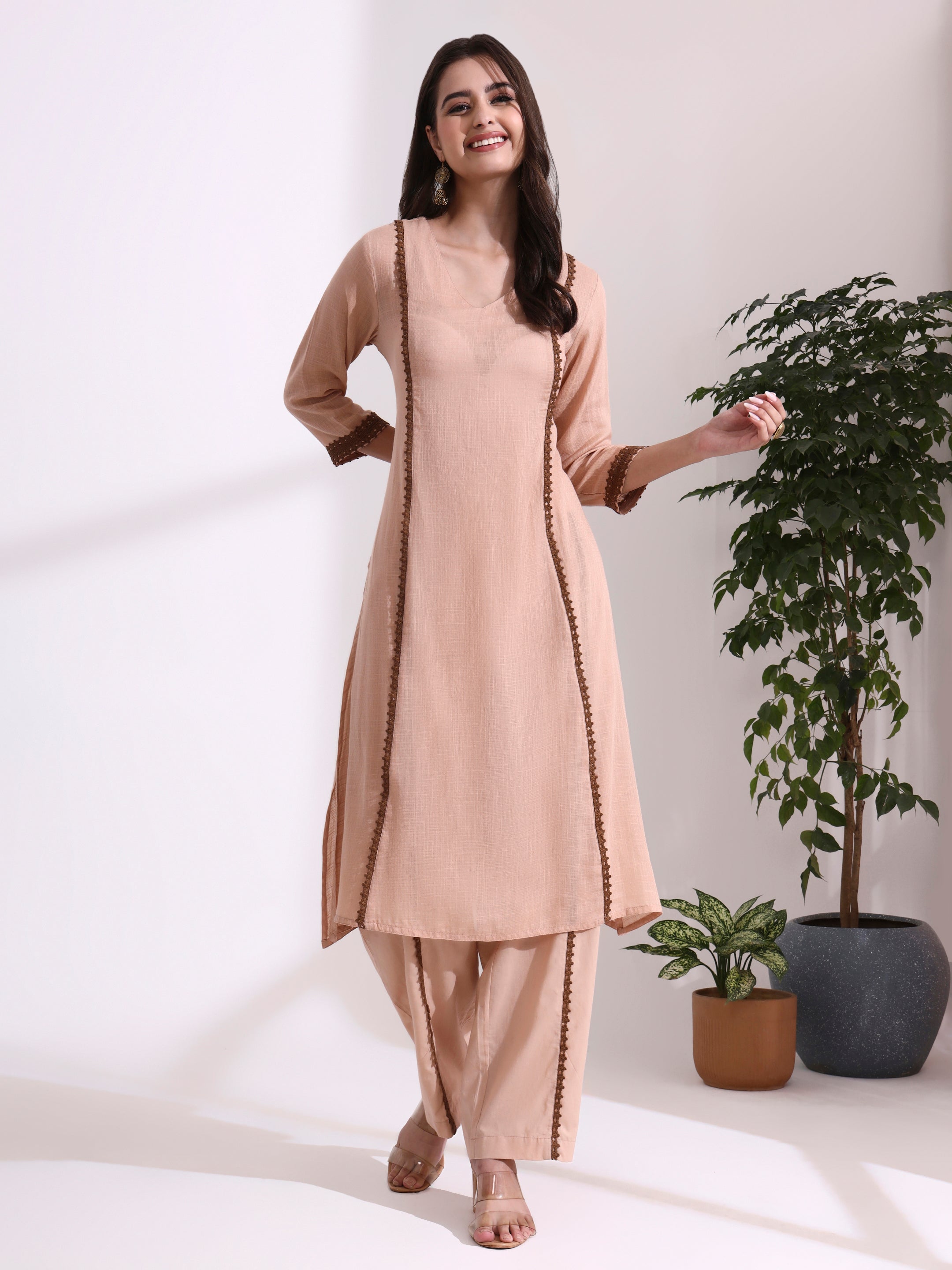 Solid Embroidered Straight Pure Cotton Kurta & Trousers Sets