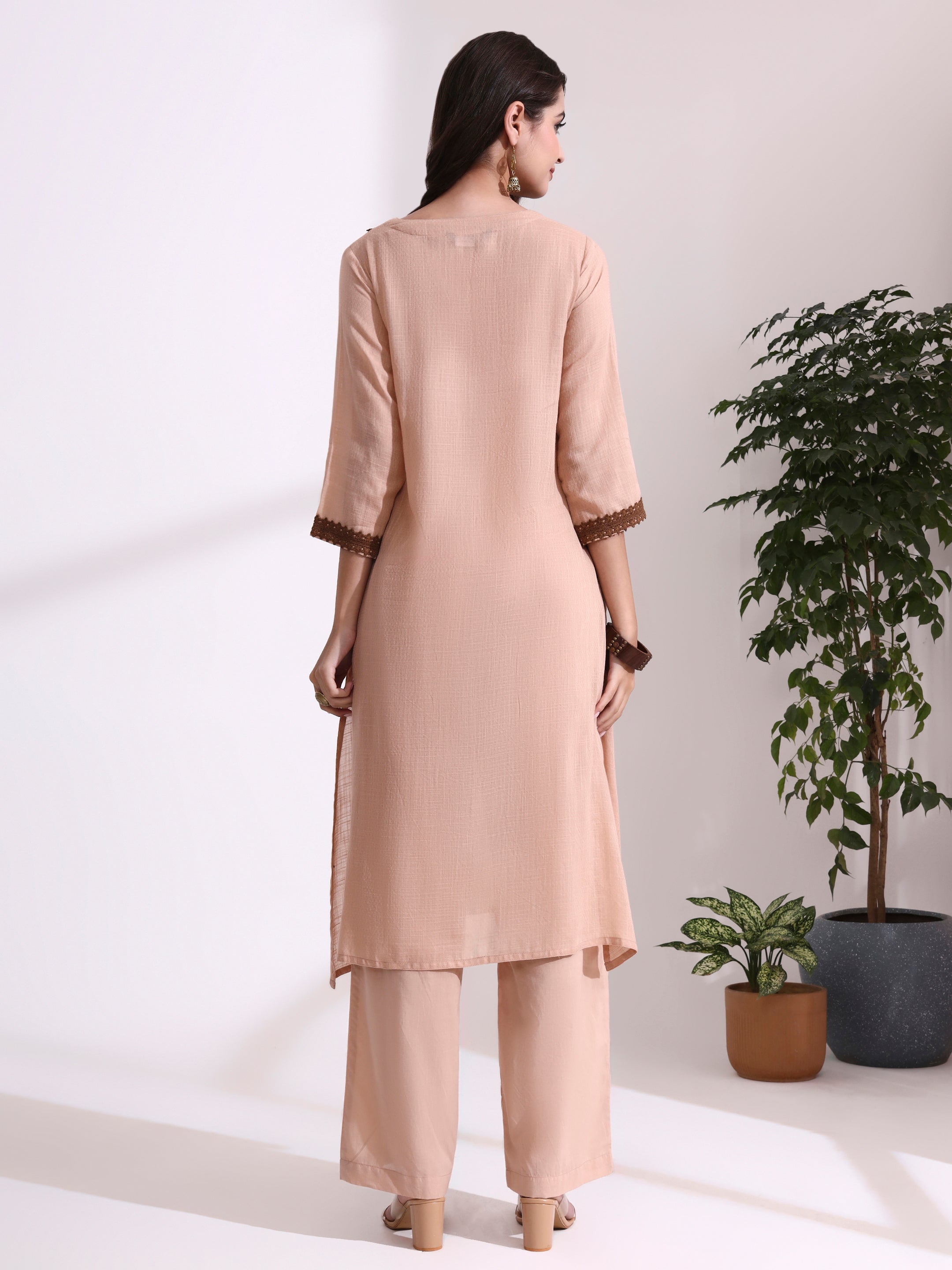 Solid Embroidered Straight Pure Cotton Kurta & Trousers Sets