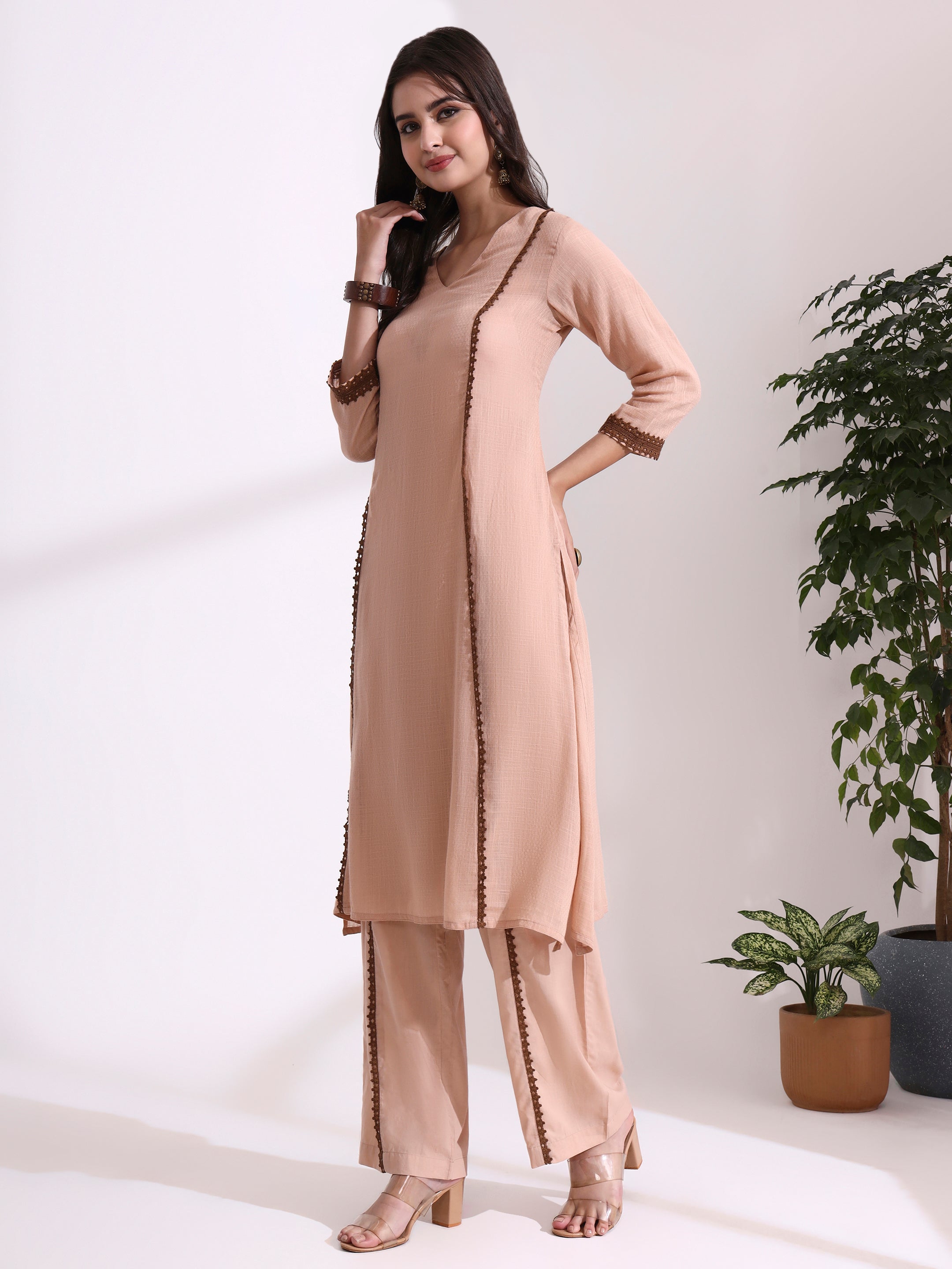 Solid Embroidered Straight Pure Cotton Kurta & Trousers Sets