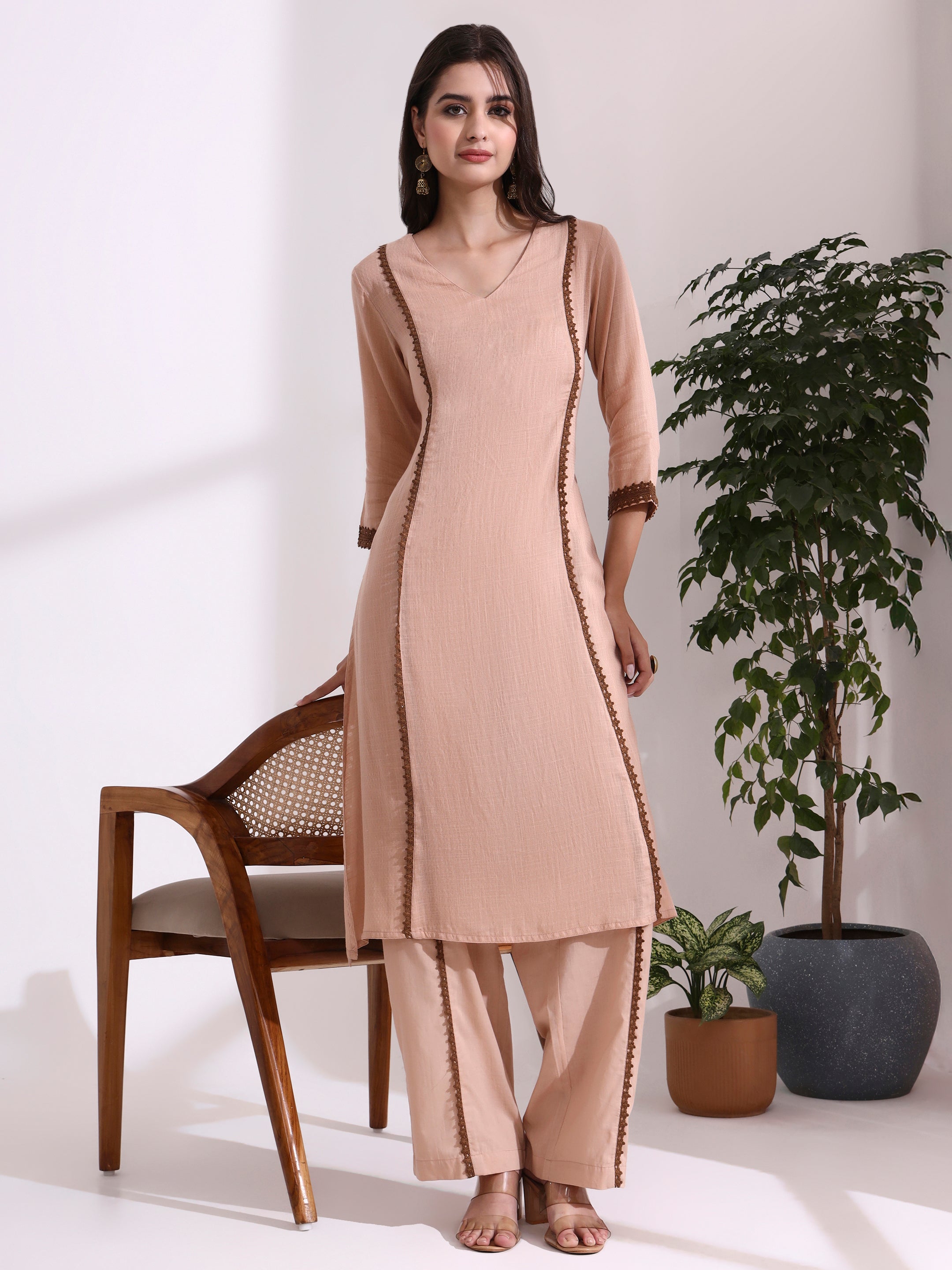 Solid Embroidered Straight Pure Cotton Kurta & Trousers Sets