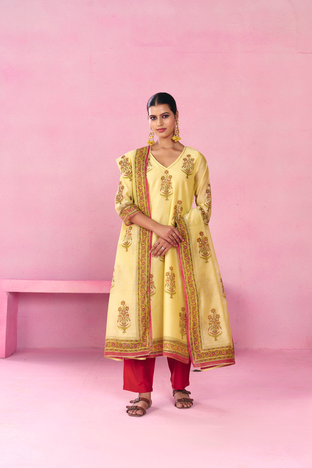 Floral Embroidered A-Line Chanderi Cotton Kurta & Trousers Sets