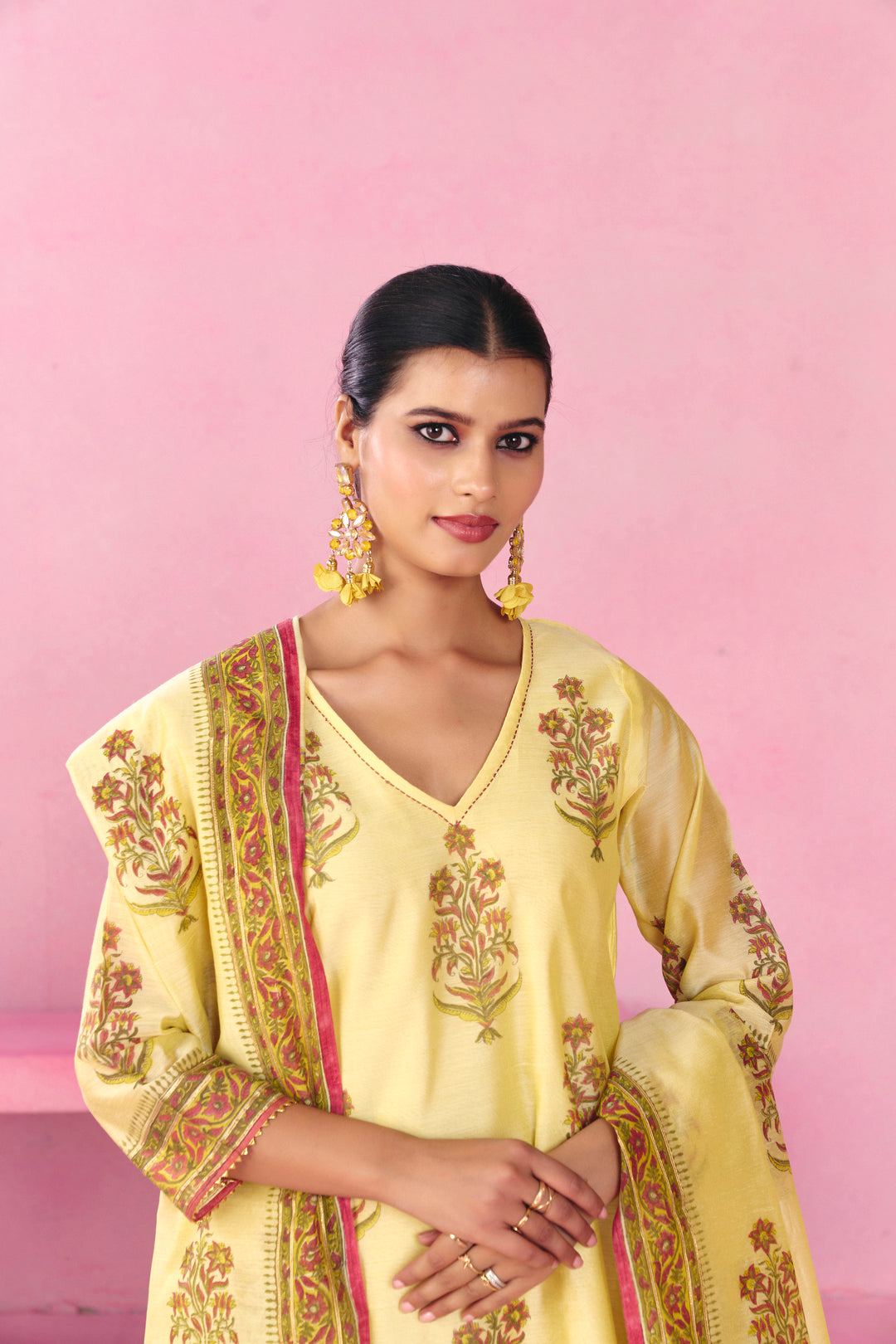 Floral Embroidered A-Line Chanderi Cotton Kurta & Trousers Sets
