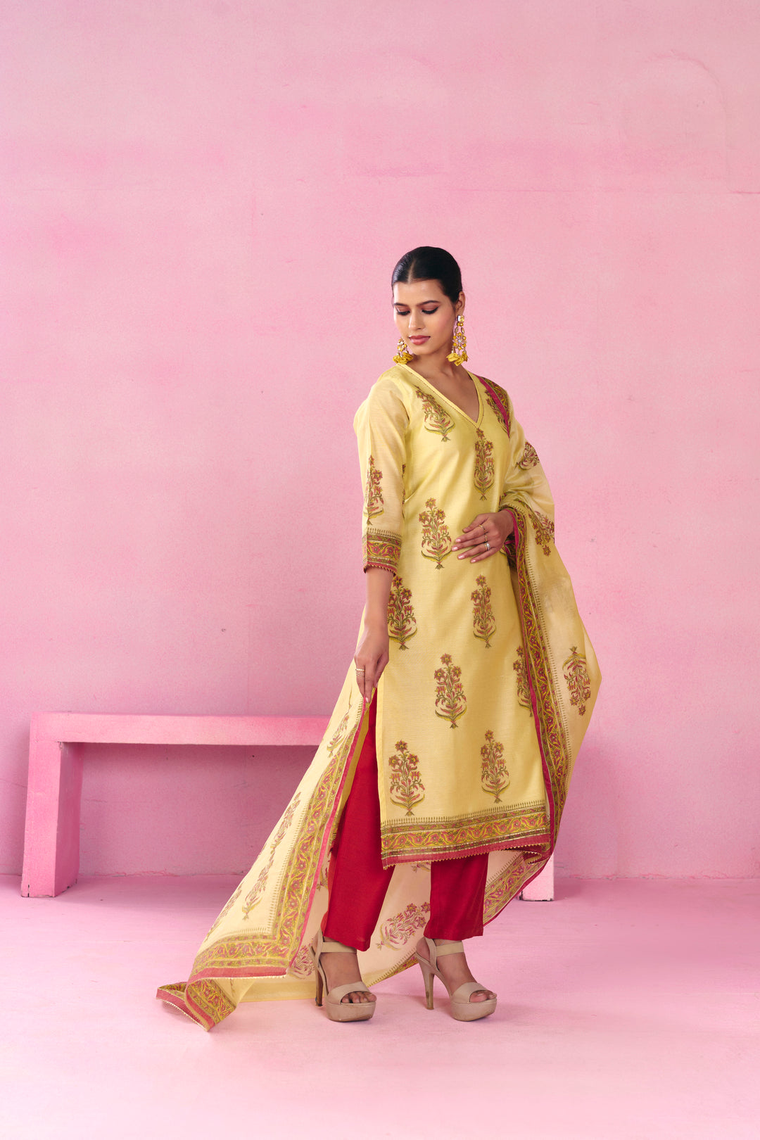 Floral Embroidered A-Line Chanderi Cotton Kurta & Trousers Sets