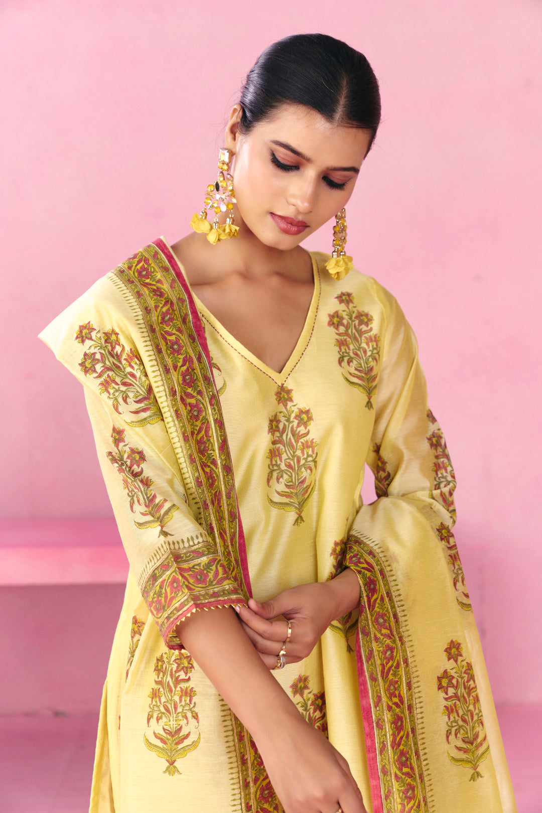 Floral Embroidered A-Line Chanderi Cotton Kurta & Trousers Sets