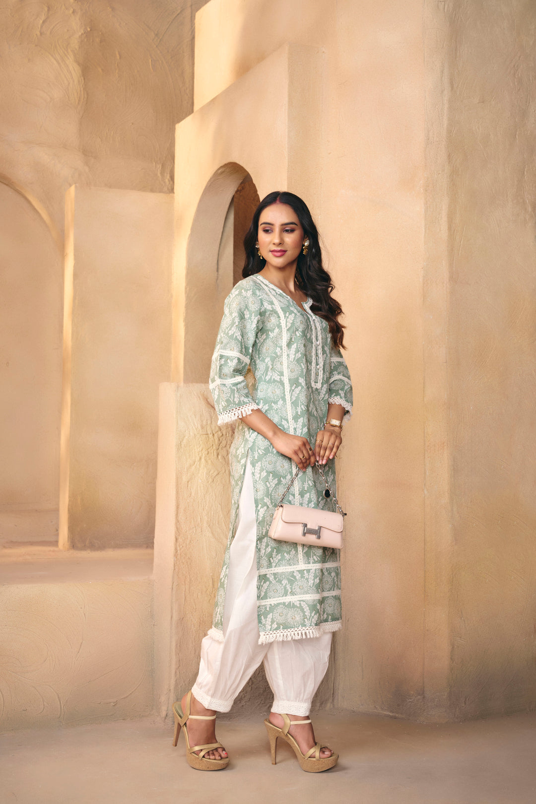 Floral Embroidered A-Line Pure Cotton Kurta & Salwar Sets