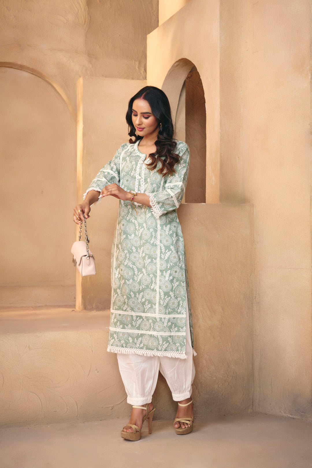 Floral Embroidered A-Line Pure Cotton Kurta & Salwar Sets