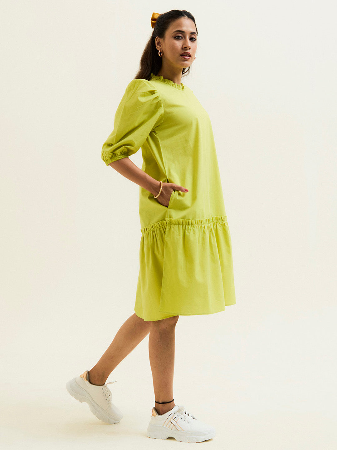 Lime Green Cotton A-line Short Dress