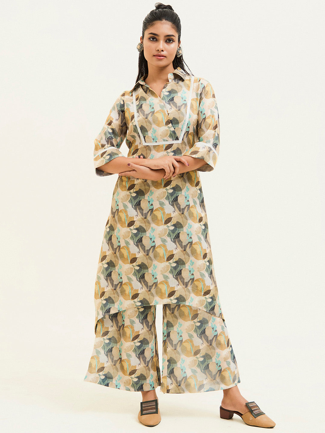 Olive Green Abstract Printed Asymmetrical Kurta Set