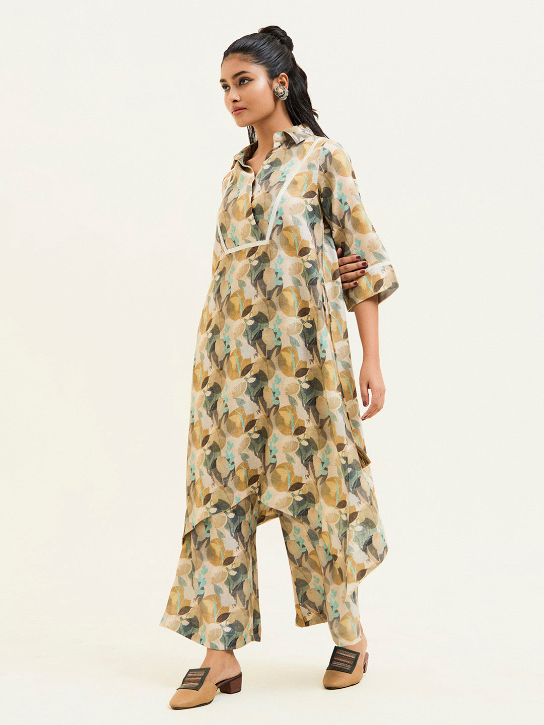 Olive Green Abstract Printed Asymmetrical Kurta Set