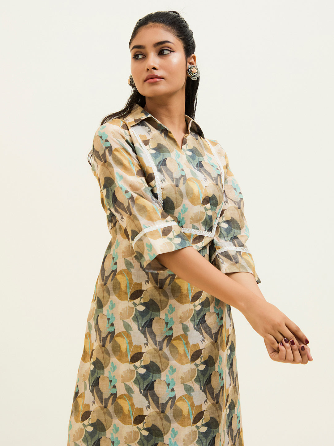 Olive Green Abstract Printed Asymmetrical Kurta Set