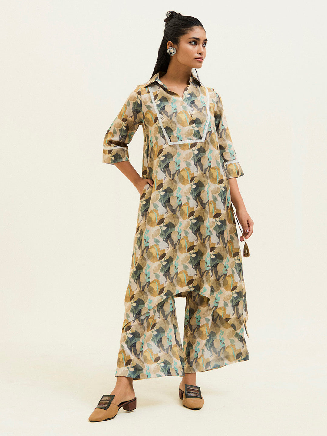 Olive Green Abstract Printed Asymmetrical Kurta Set