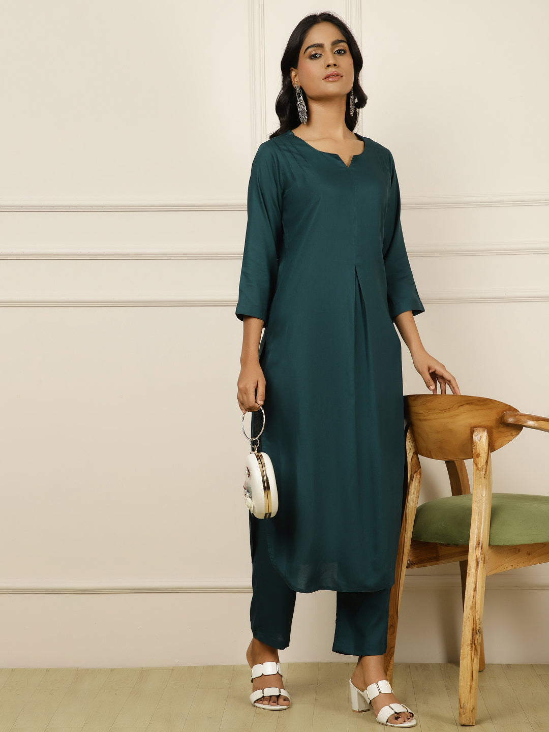 Sea Green Pleated Straight Kurta With Pants