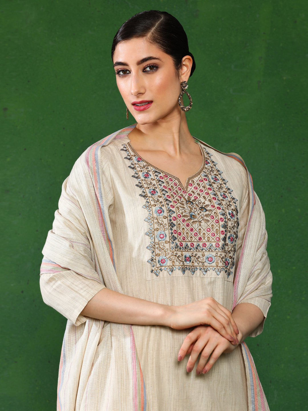 Beige Mirror Work Embroidered Festive Suit Set