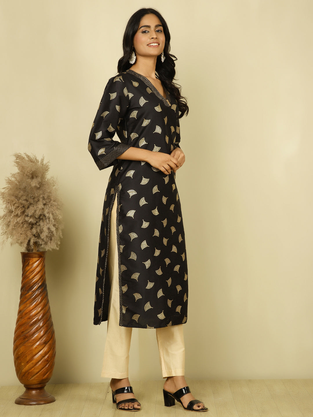 Black Ethnic Printed Straight Kurta