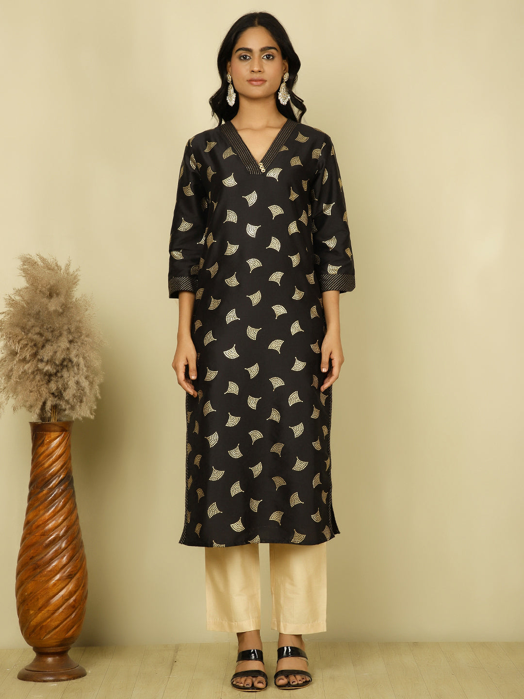 Black Ethnic Printed Straight Kurta