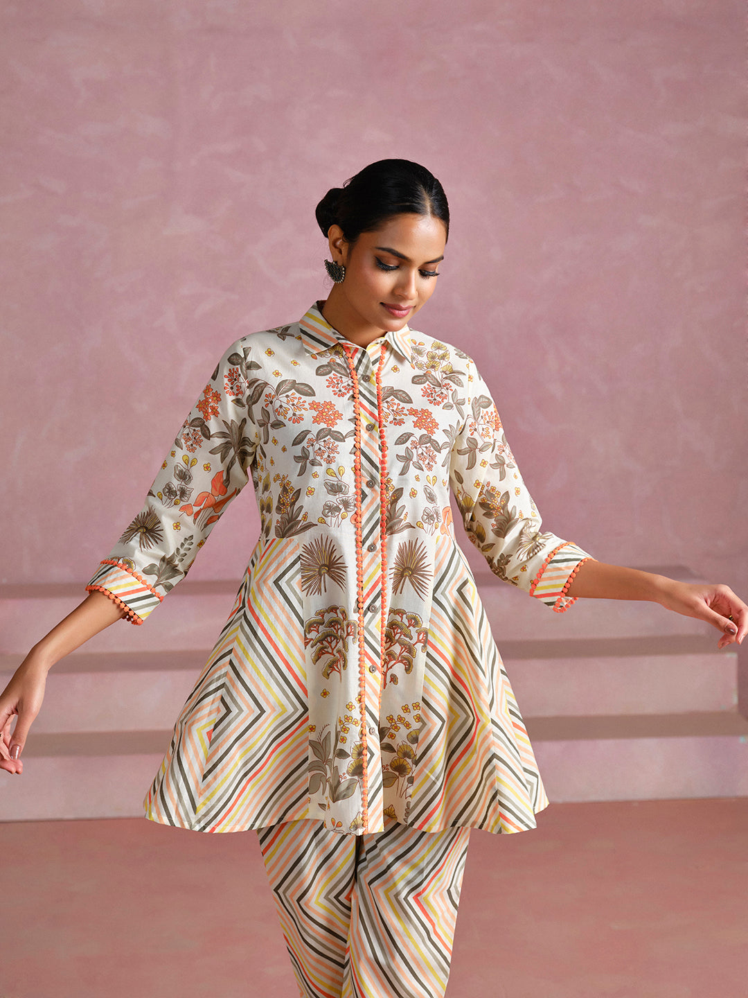 Embroidered A-Line Pure Cotton Top & Trousers Co-Ord Set