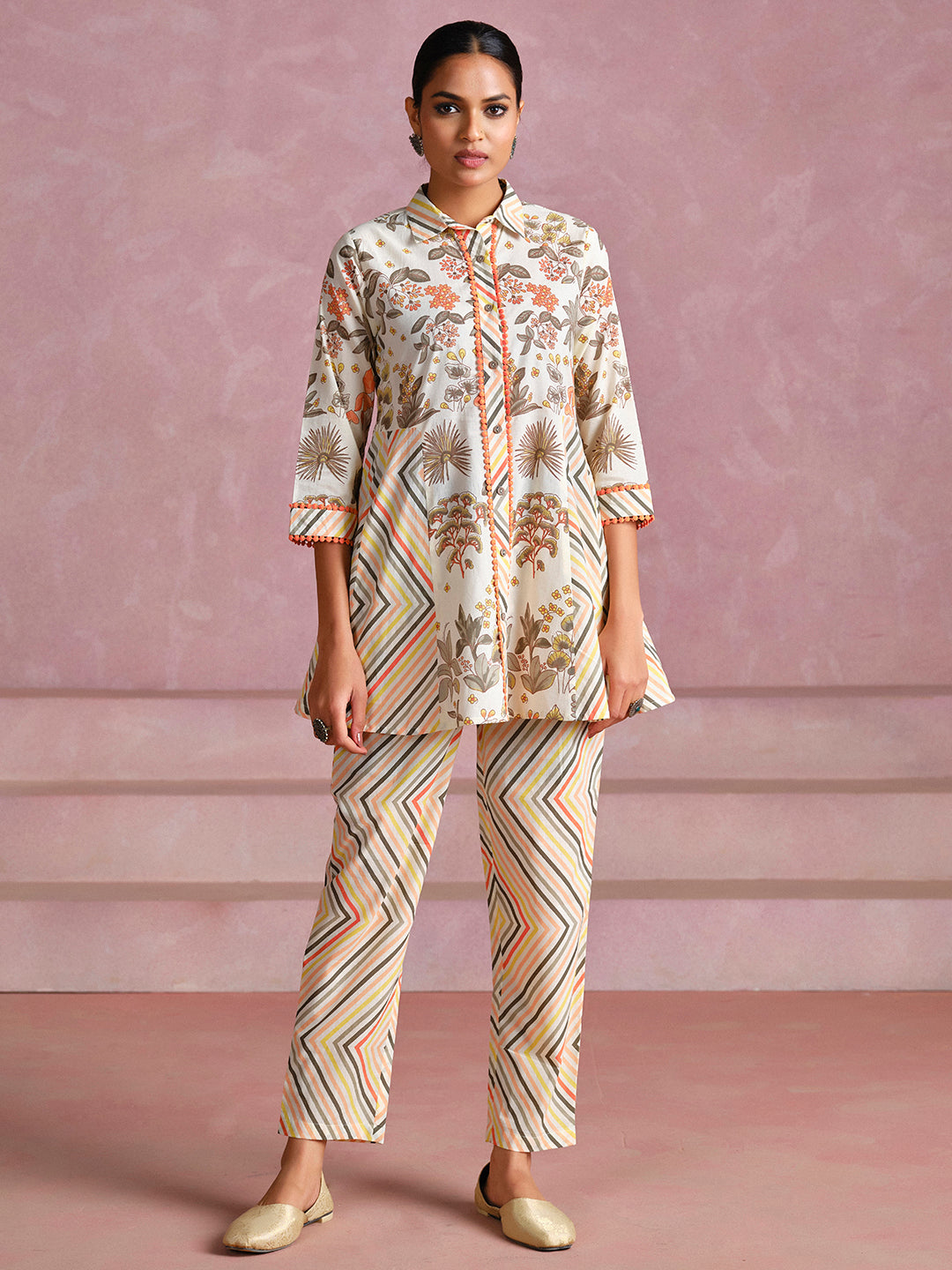 Embroidered A-Line Pure Cotton Top & Trousers Co-Ord Set