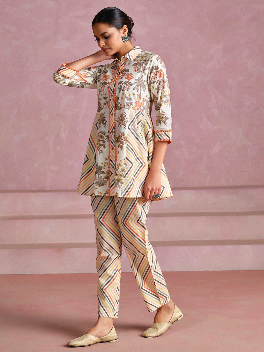 Embroidered A-Line Pure Cotton Top & Trousers Co-Ord Set