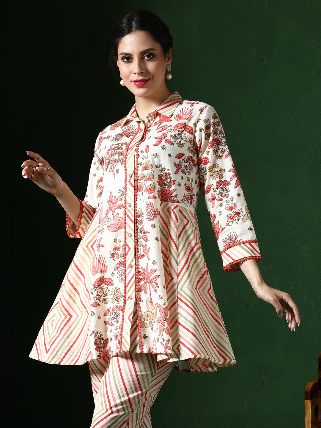 Floral Embroidered A-Line Pure Cotton Top & Trousers Sets