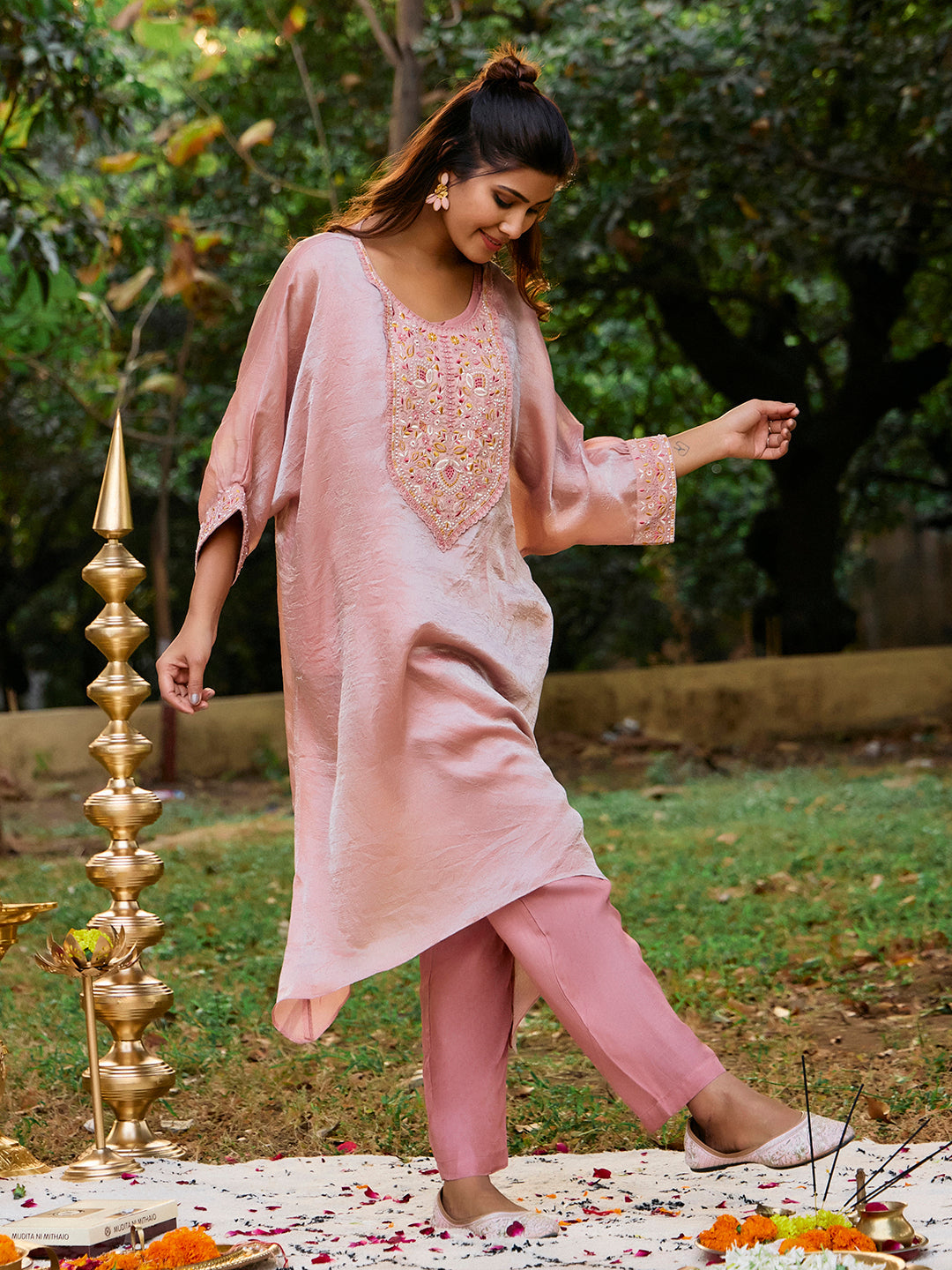 Floral Embroidered Kaftan Organza Kurta & Trousers Sets