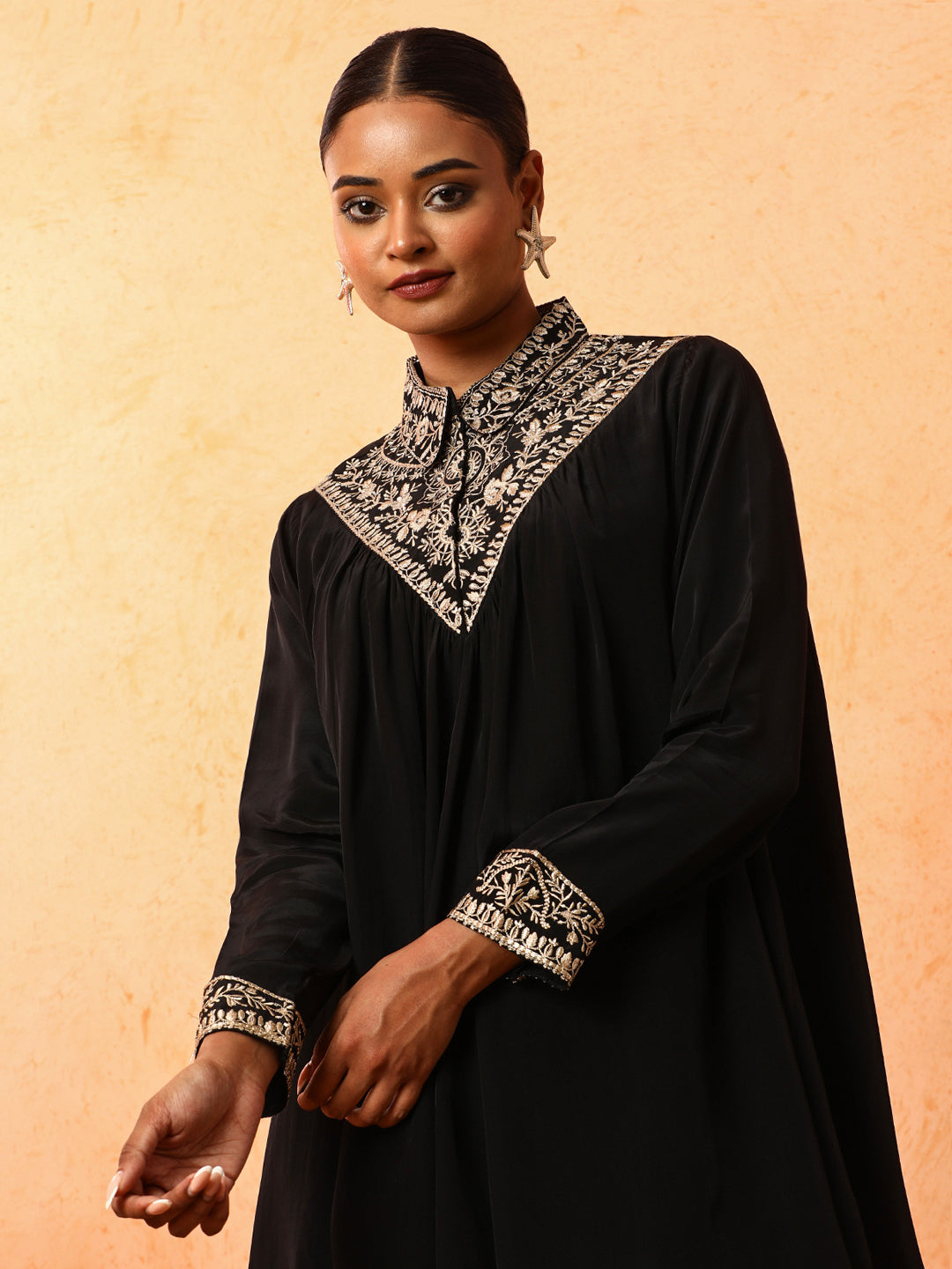 Floral Embroidered A-Line Silk Crepe Top & Trousers Sets