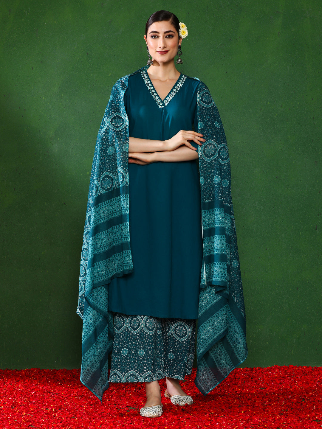 Solid Embroidered A-Line Kurta & Trousers Sets