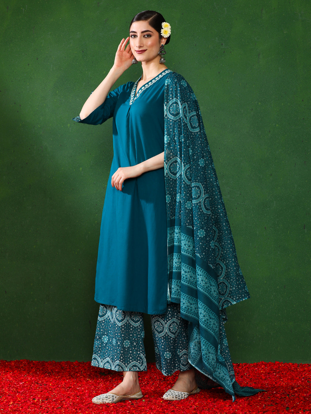 Solid Embroidered A-Line Kurta & Trousers Sets