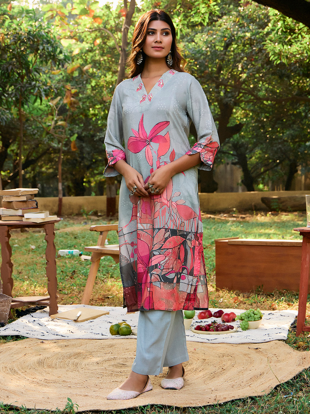Embroidered Straight Kurta & Trousers Sets