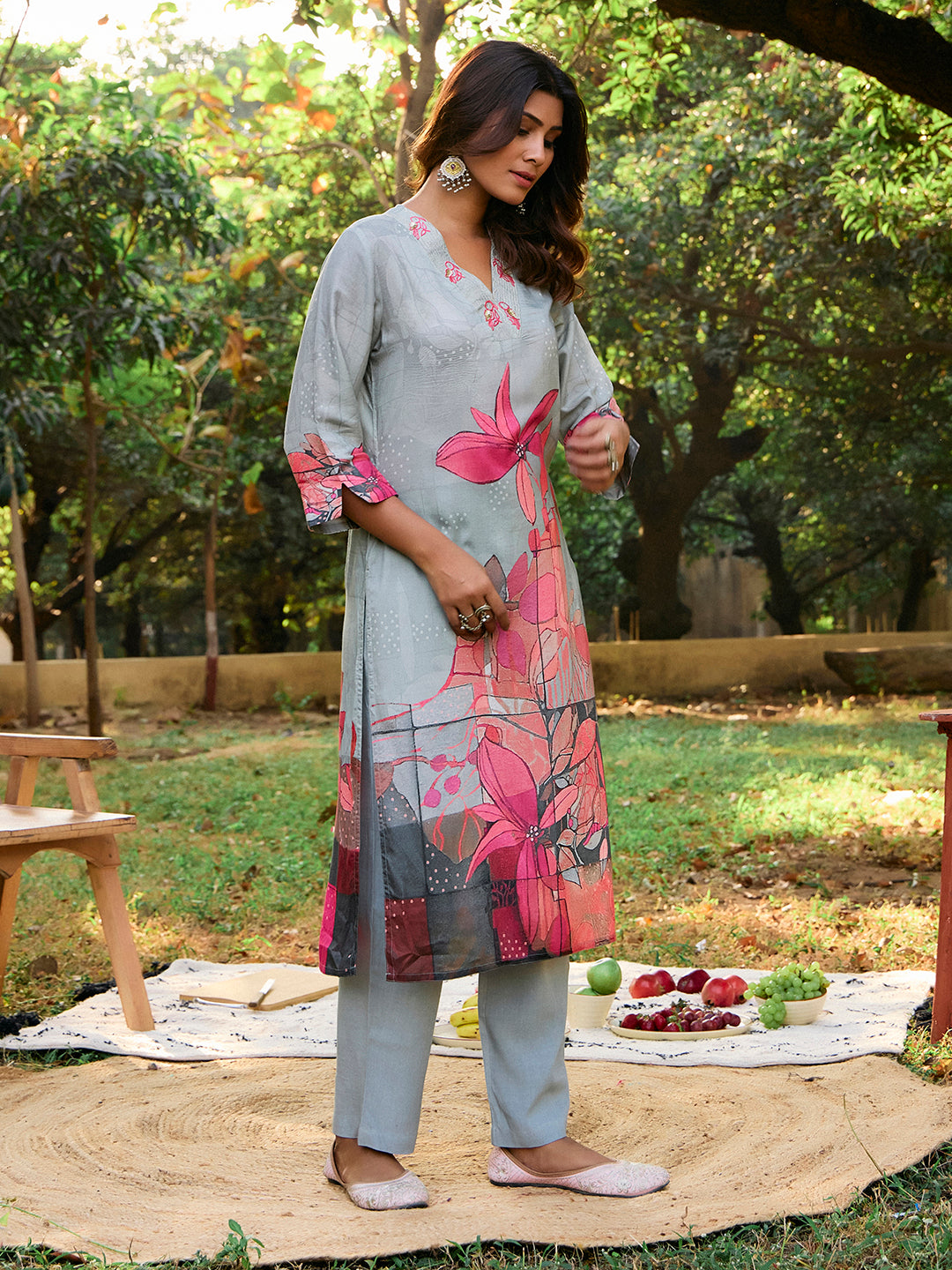 Embroidered Straight Kurta & Trousers Sets