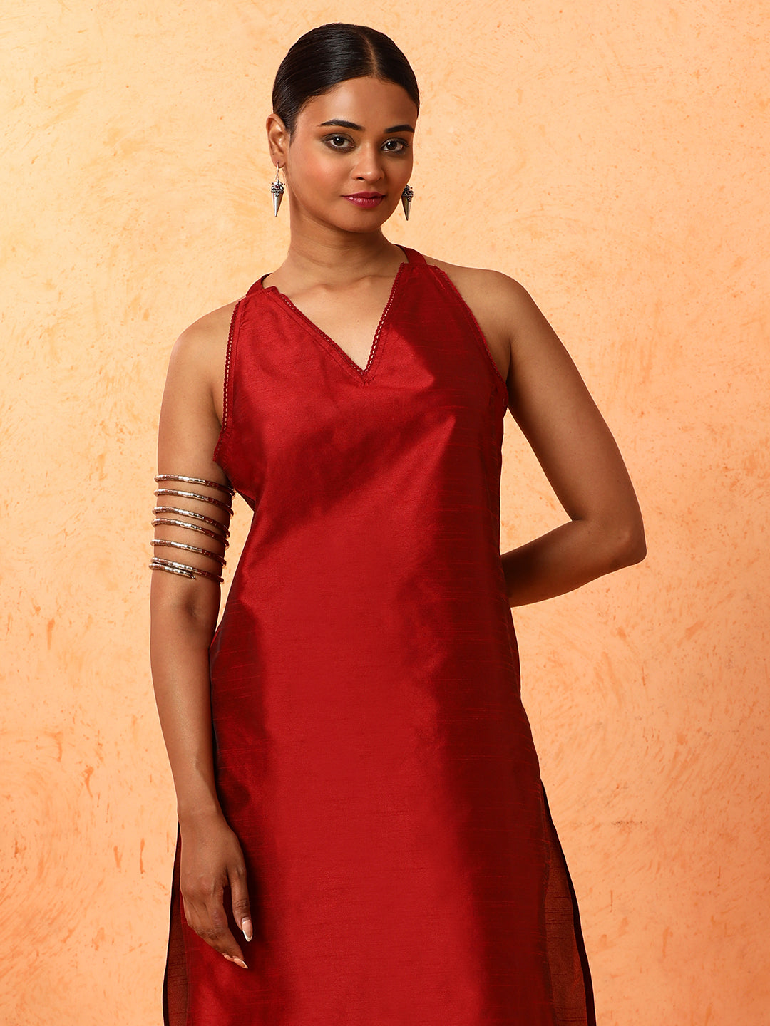 Solid Printed Straight Chanderi Silk Kurta & Trousers Sets