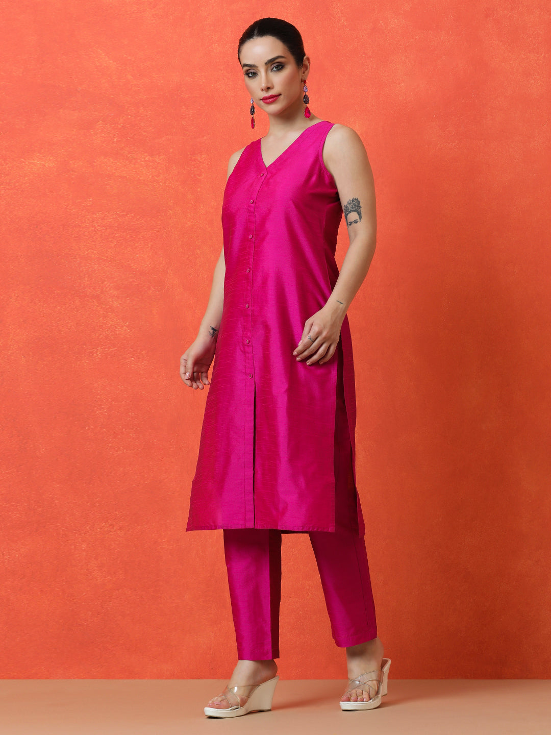 Solid Straight silk blend Kurta & Trousers Sets