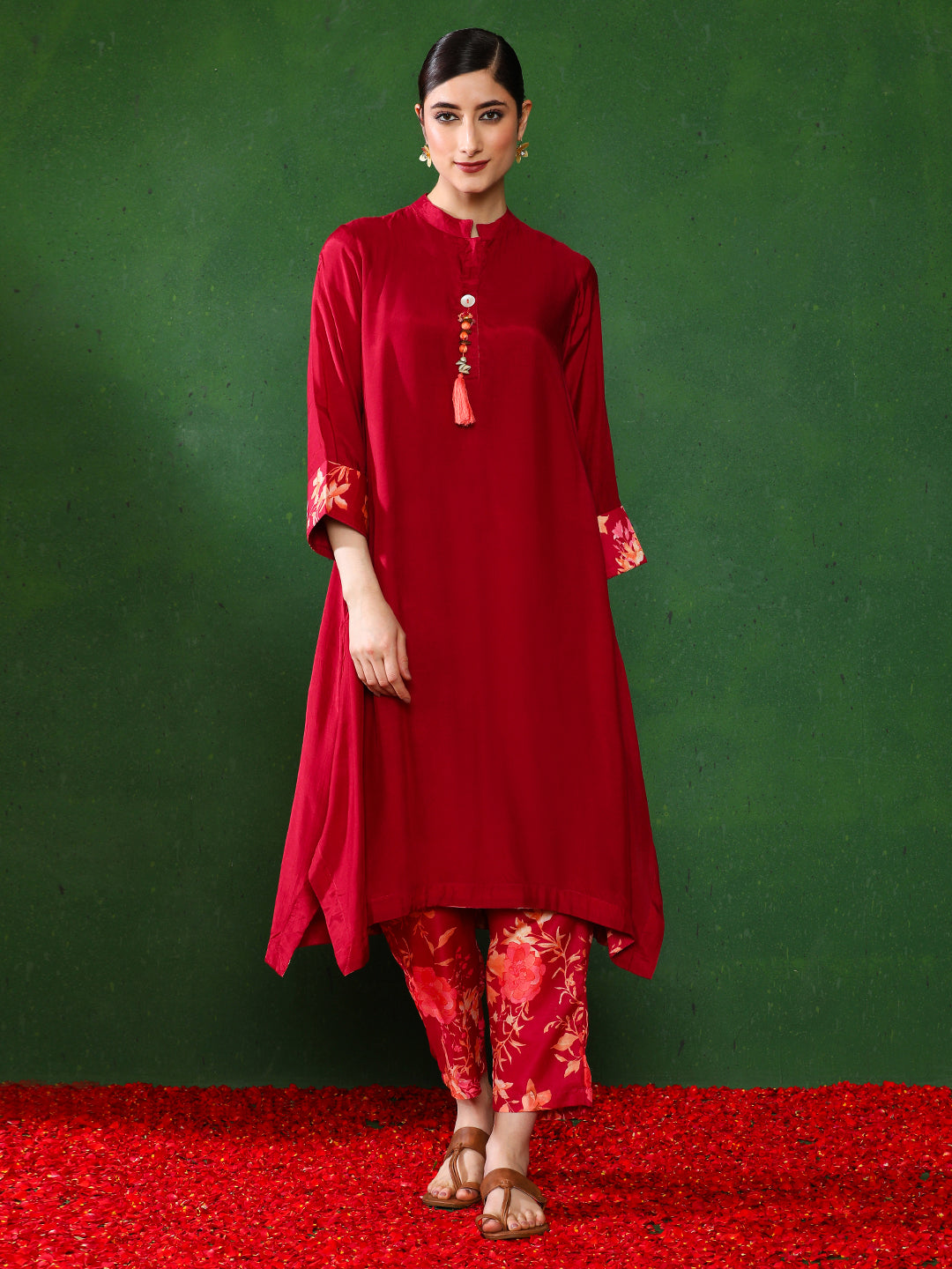 Floral Solid A-Line Kurta & Trousers Sets