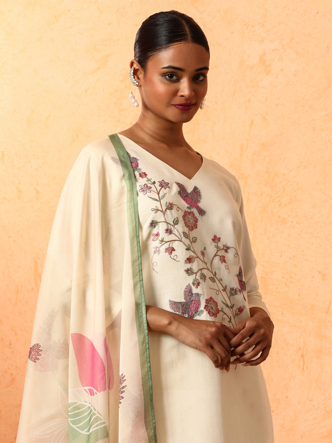 Floral Embroidered Straight Silk Blend Kurta & Trousers Sets