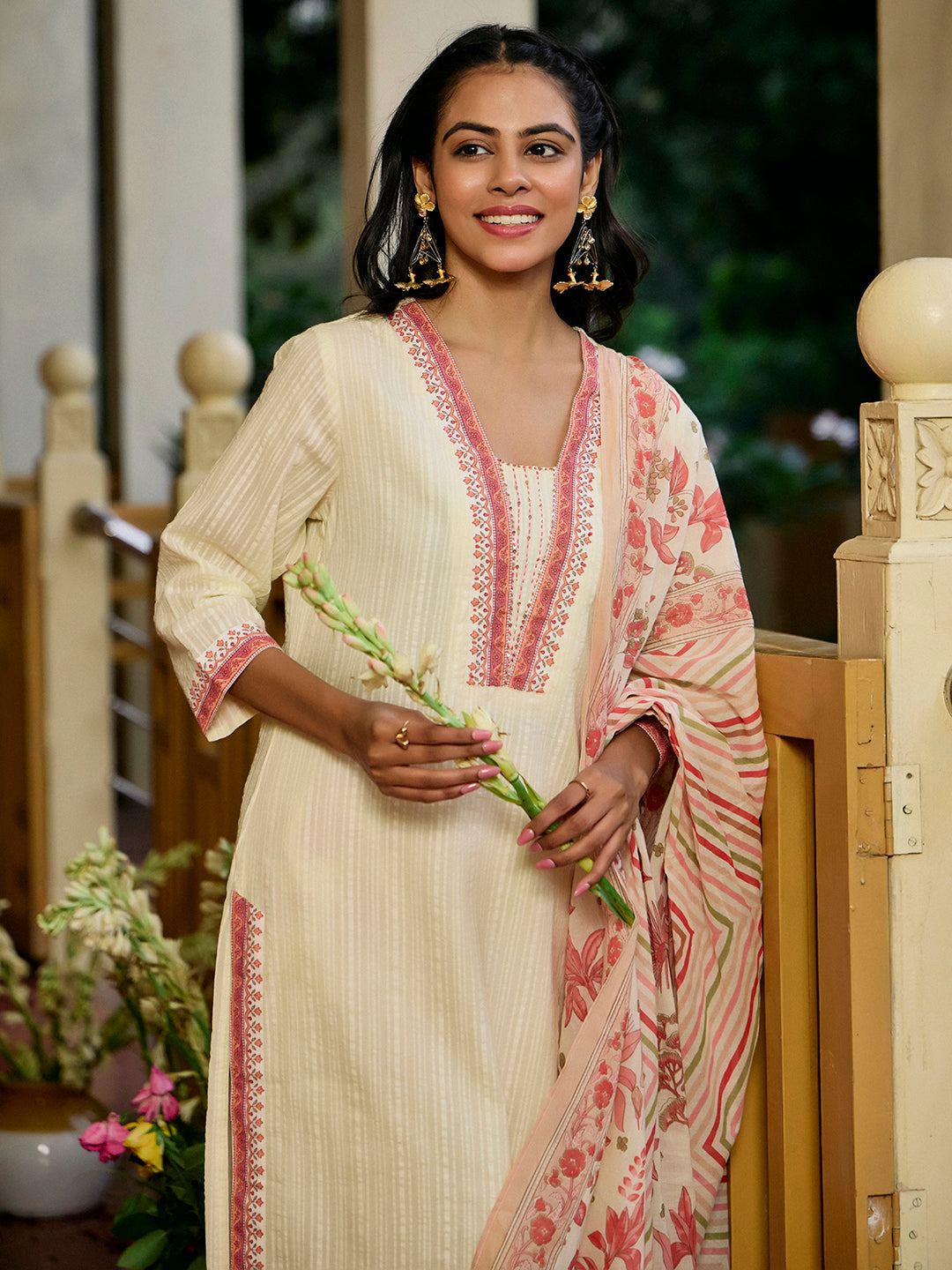 Printed A-Line Cotton Blend Kurta & Trousers Sets