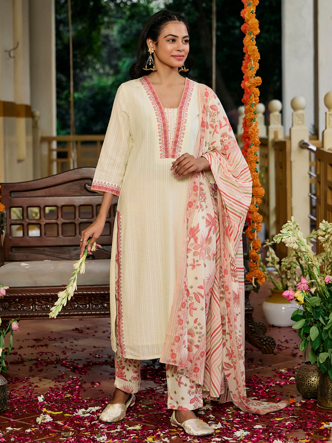 Printed A-Line Cotton Blend Kurta & Trousers Sets