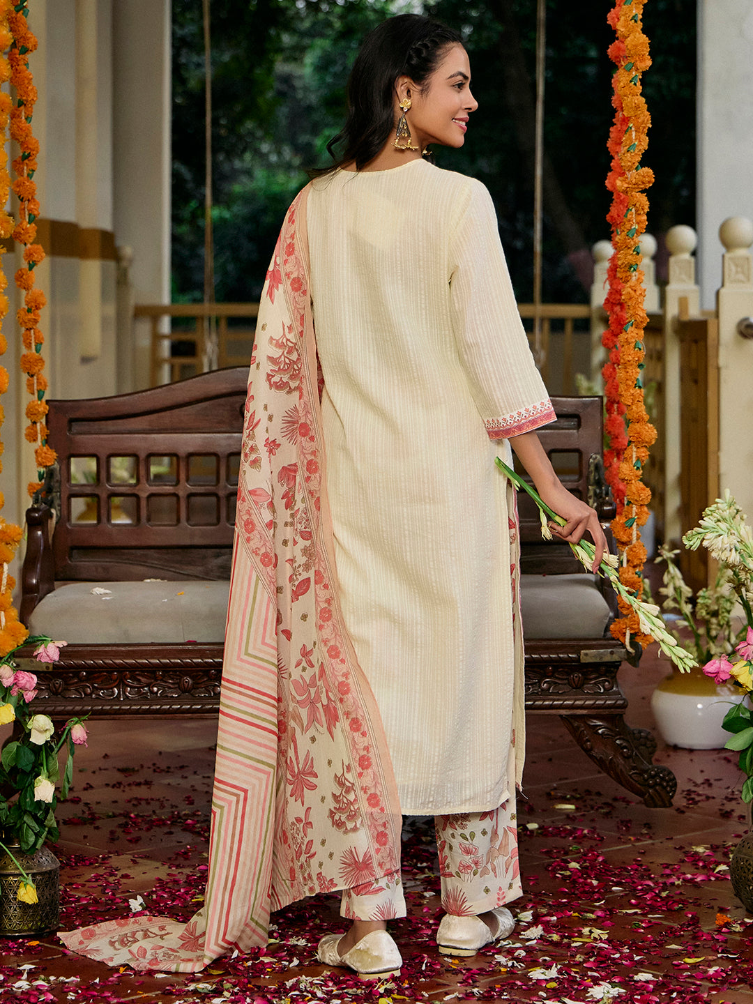 Printed A-Line Cotton Blend Kurta & Trousers Sets