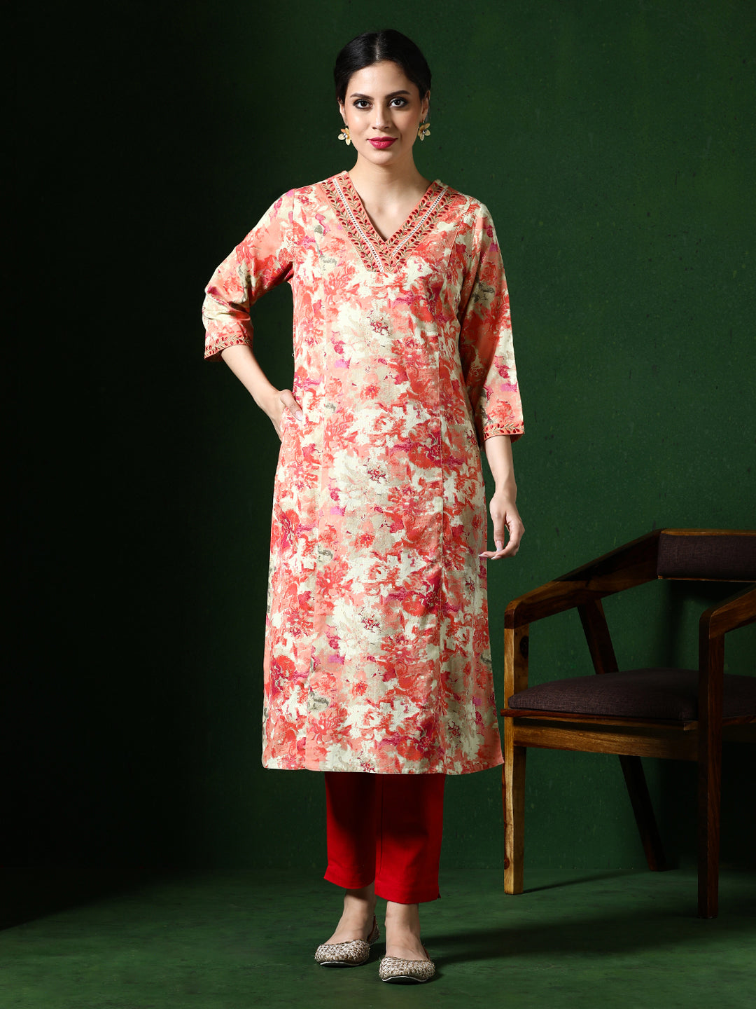 Floral Embroidered A-Line Cotton Blend Kurta