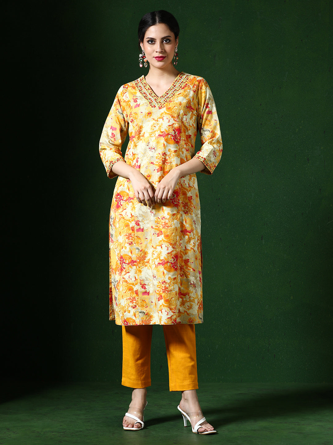 Floral Embroidered A-Line Cotton Blend Kurta