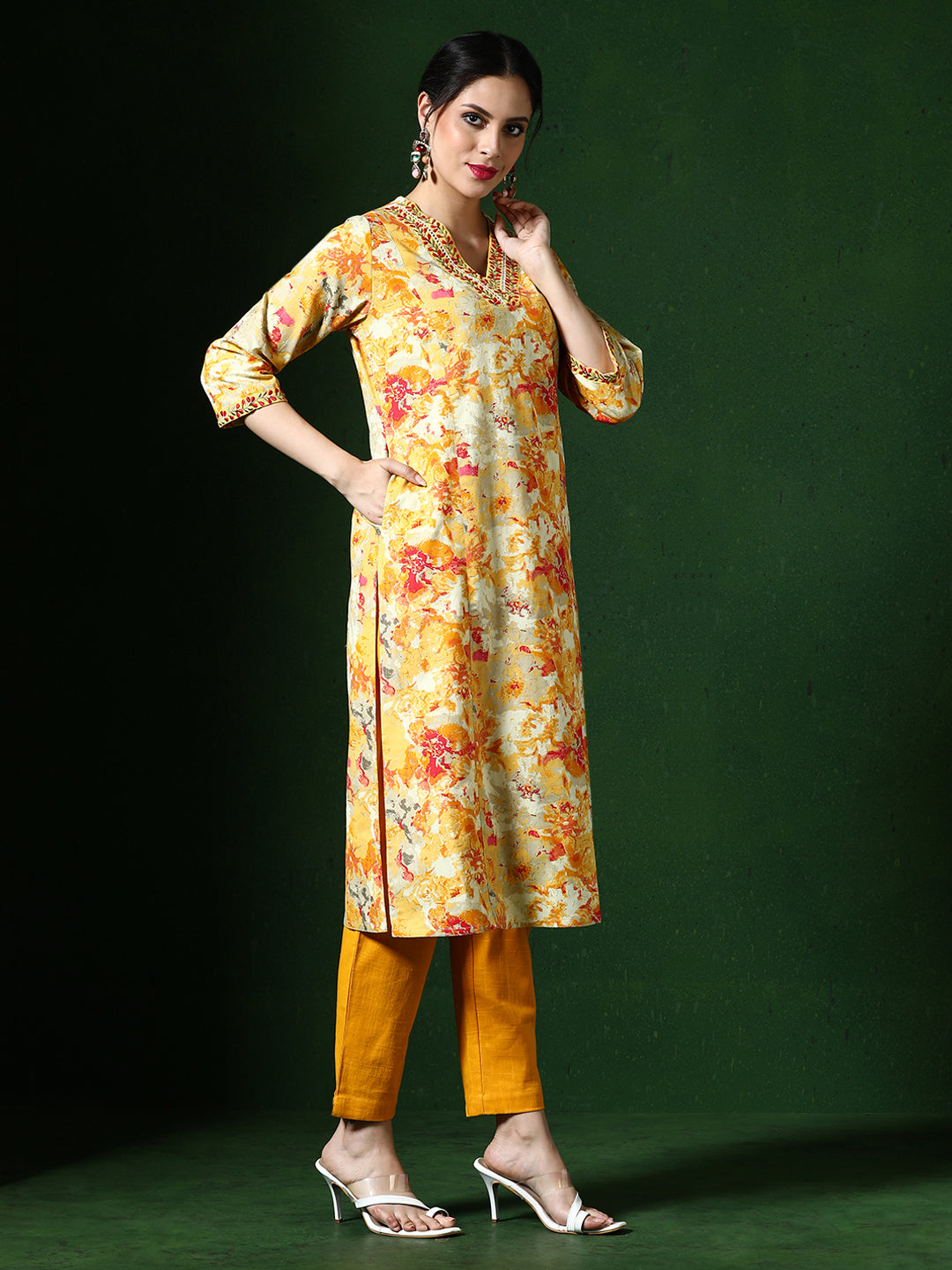Floral Embroidered A-Line Cotton Blend Kurta