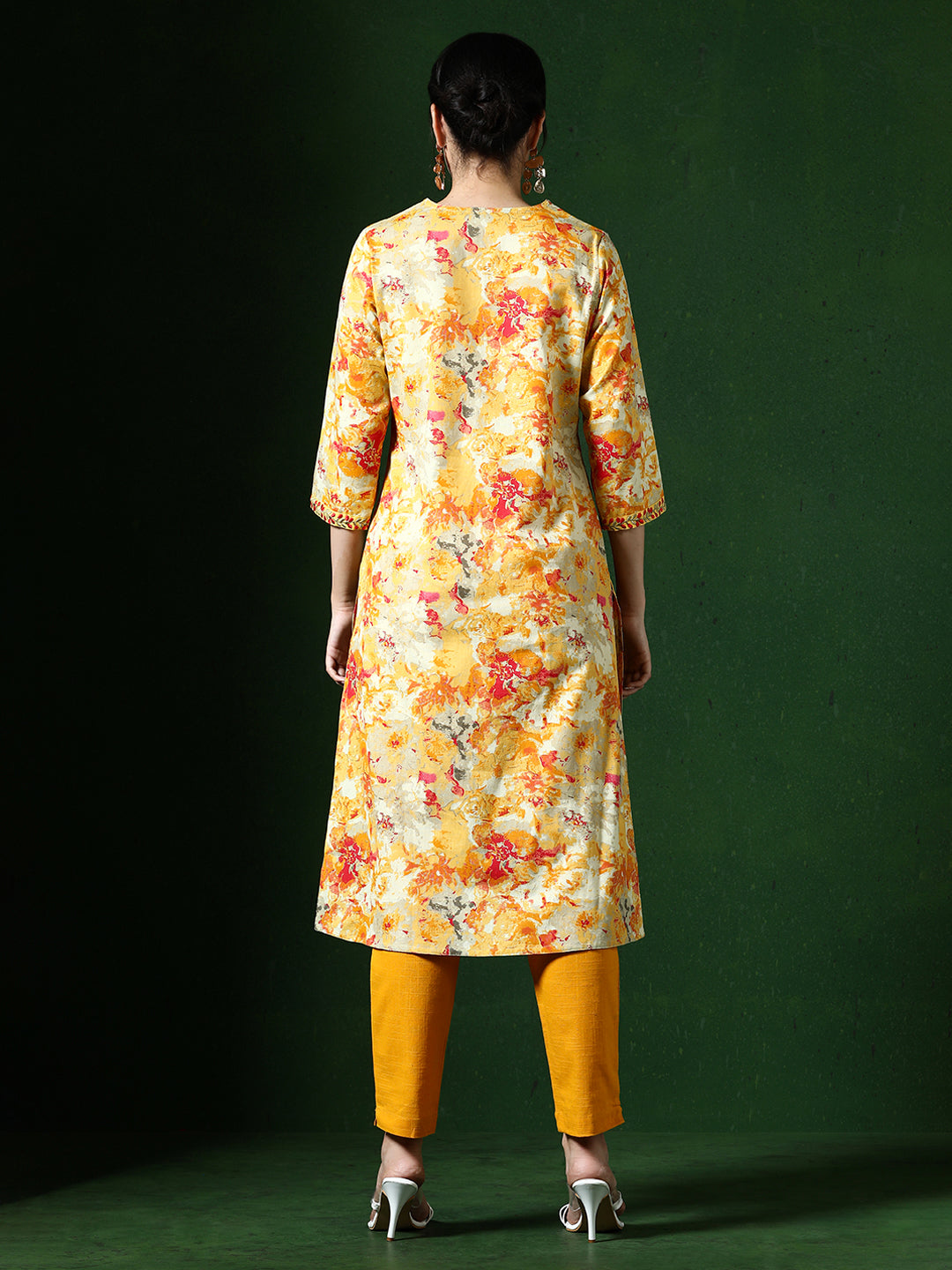 Floral Embroidered A-Line Cotton Blend Kurta